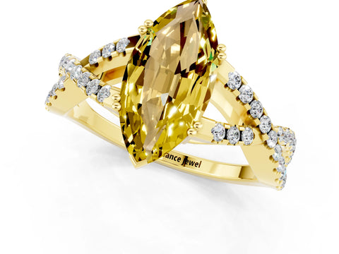Yellow gold Marquise Cut Yellow Sapphire Solitaire Ring with Four-Prong Setting and Twisted Pavé Band_13
