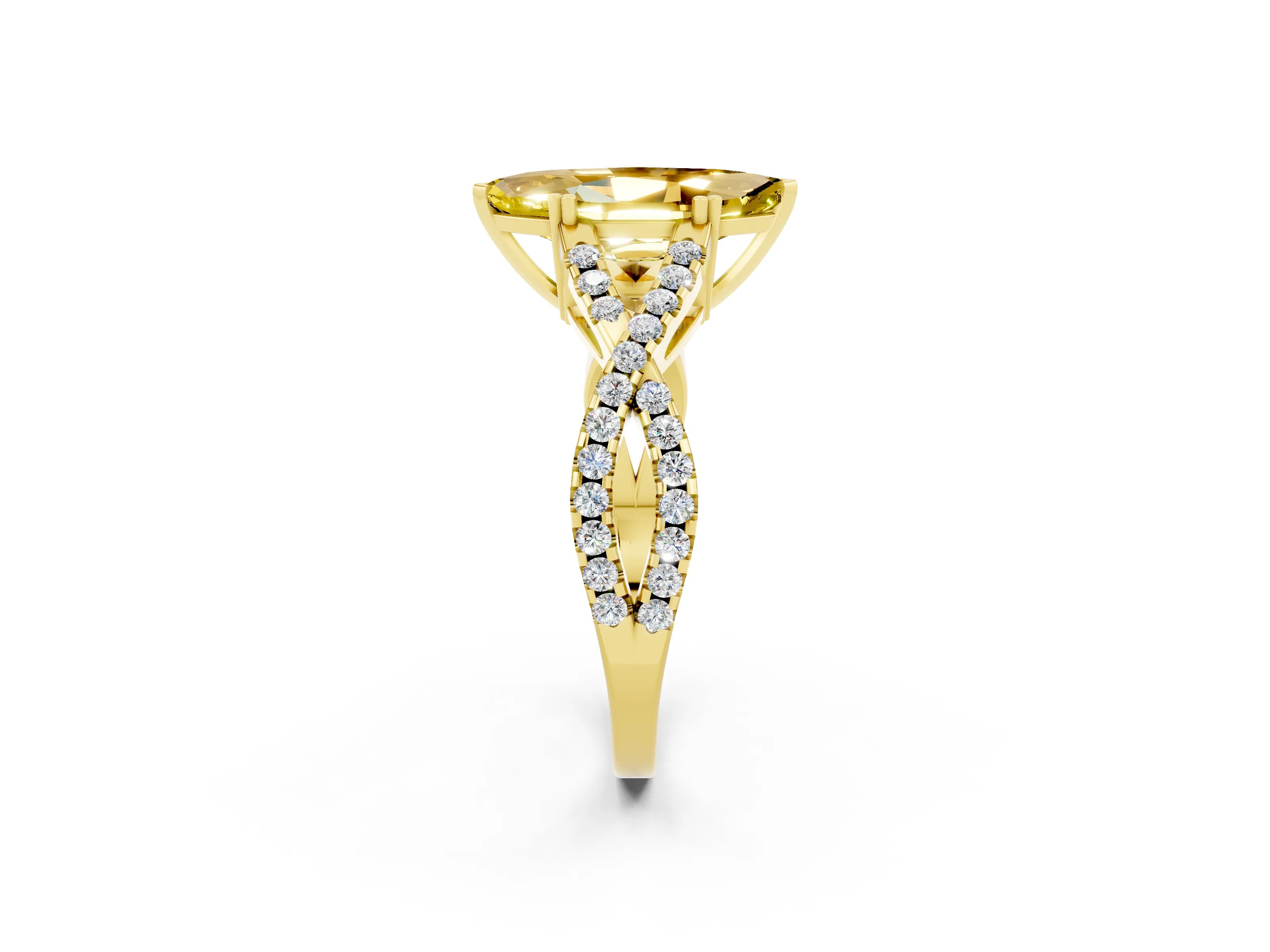 Yellow gold Marquise Cut Yellow Sapphire Solitaire Ring with Four-Prong Setting and Twisted Pavé Band_14