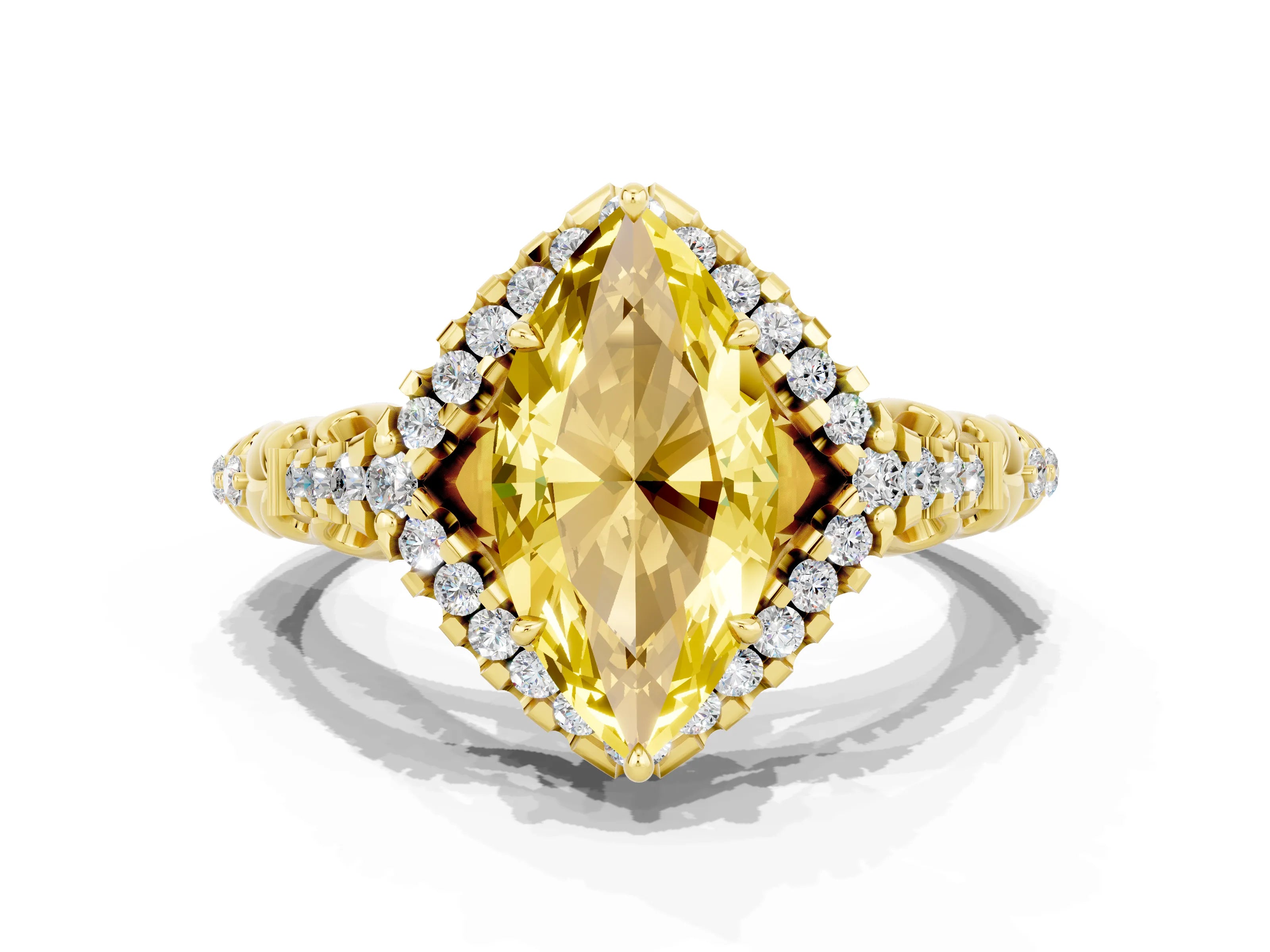 Yellow gold Marquise Cut Yellow Sapphire Solitaire Ring with Hidden Halo and Pavé Band_12