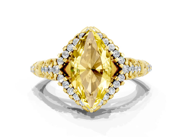 Yellow gold Marquise Cut Yellow Sapphire Solitaire Ring with Hidden Halo and Pavé Band