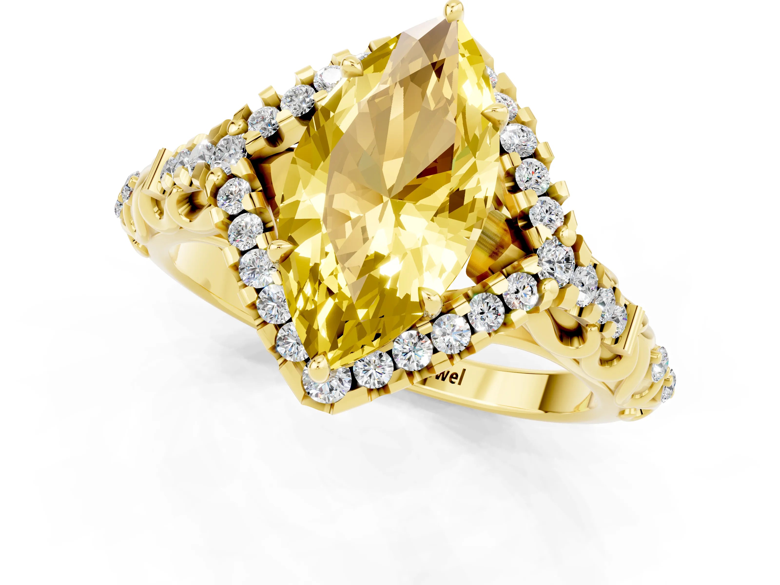 Yellow gold Marquise Cut Yellow Sapphire Solitaire Ring with Hidden Halo and Pavé Band_13