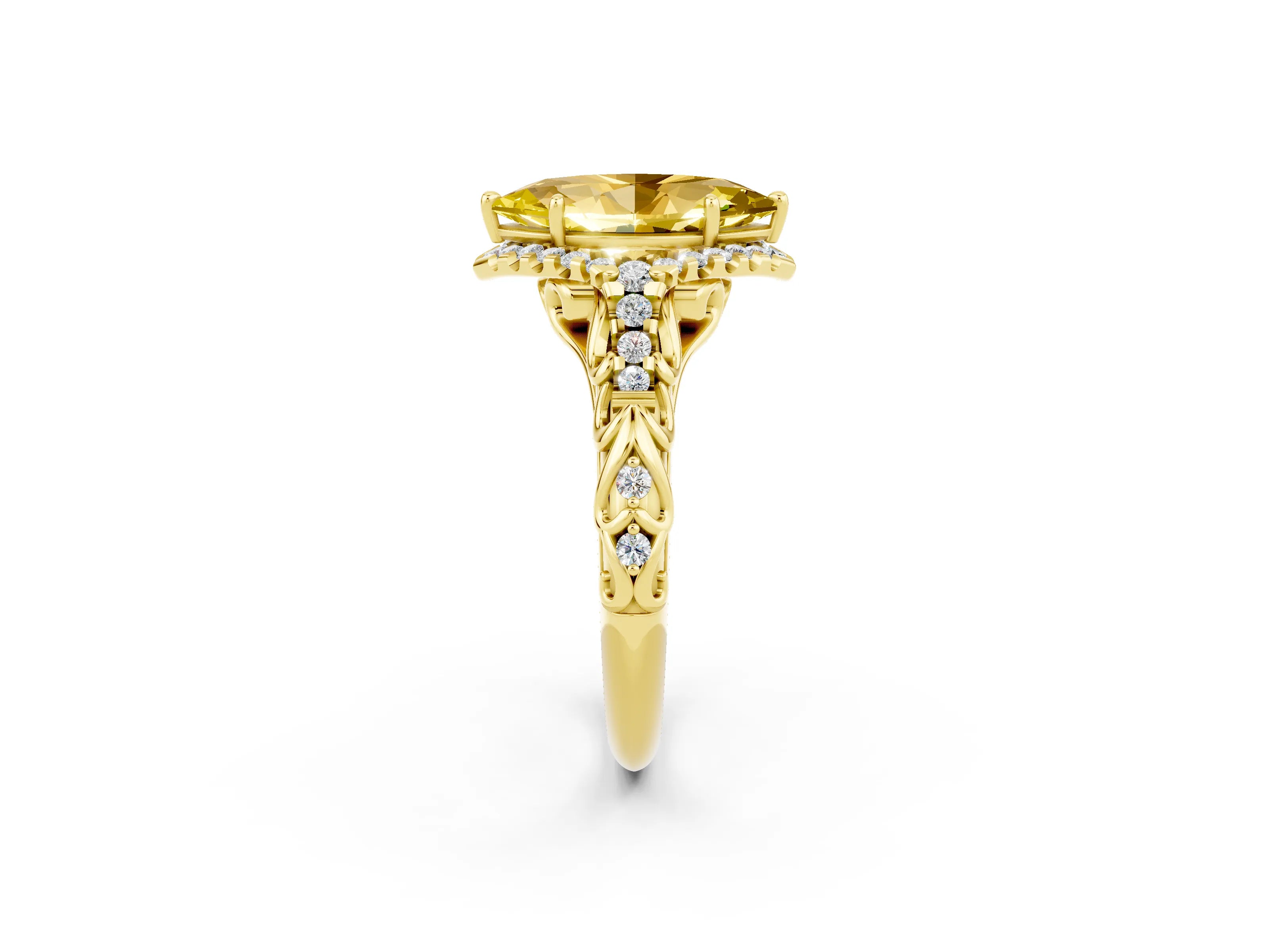 Yellow gold Marquise Cut Yellow Sapphire Solitaire Ring with Hidden Halo and Pavé Band_14