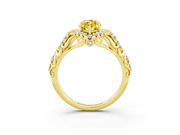 Yellow gold Marquise Cut Yellow Sapphire Solitaire Ring with Hidden Halo and Pavé Band