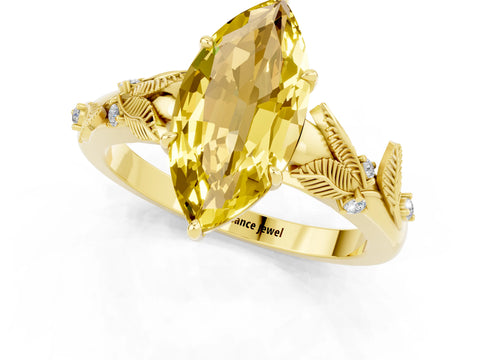 Yellow gold Marquise Cut Yellow Sapphire Solitaire Ring with Leaf Motif Band and Four-Prong Setting_1