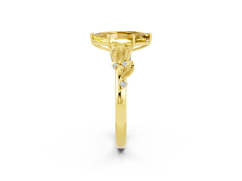Yellow gold Marquise Cut Yellow Sapphire Solitaire Ring with Leaf Motif Band and Four-Prong Setting_2