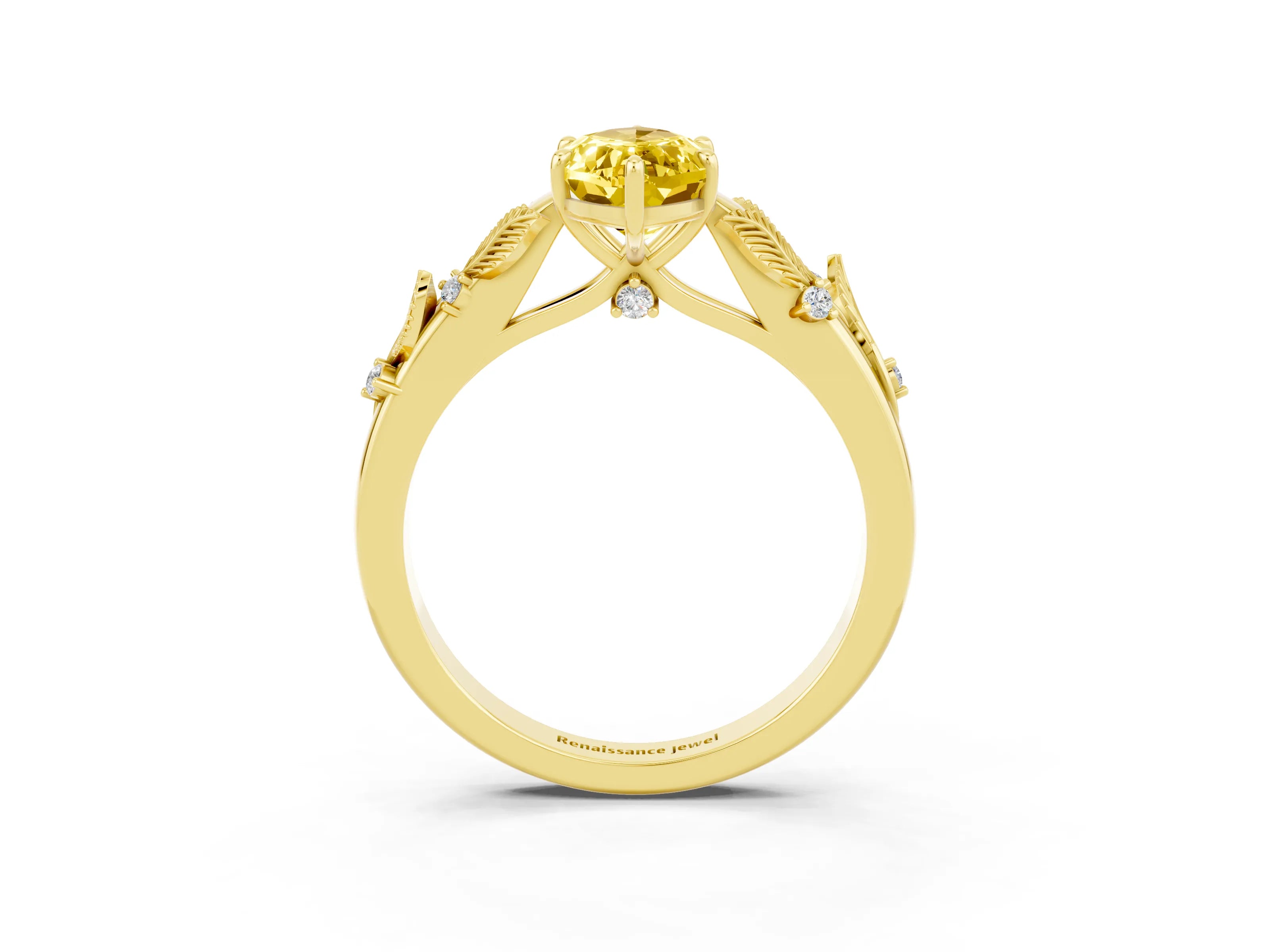 Yellow gold Marquise Cut Yellow Sapphire Solitaire Ring with Leaf Motif Band and Four-Prong Setting_3