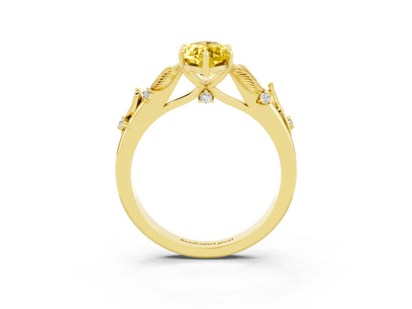 Yellow gold Marquise Cut Yellow Sapphire Solitaire Ring with Leaf Motif Band and Four-Prong Setting