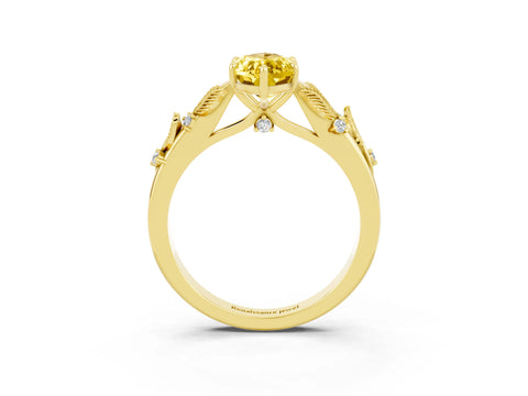 Yellow gold Marquise Cut Yellow Sapphire Solitaire Ring with Leaf Motif Band and Four-Prong Setting_3
