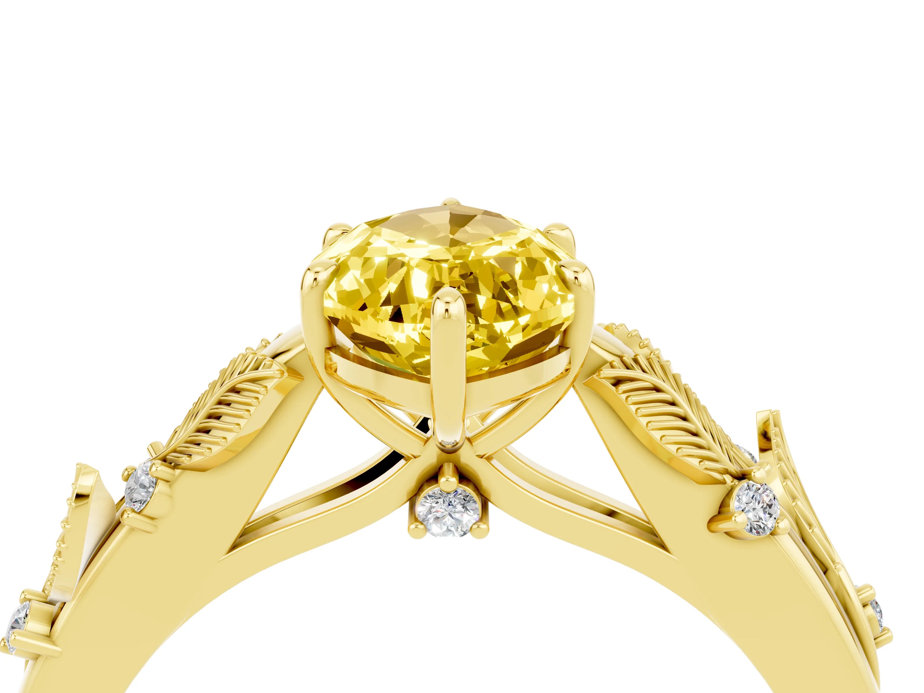Yellow gold Marquise Cut Yellow Sapphire Solitaire Ring with Leaf Motif Band and Four-Prong Setting_4