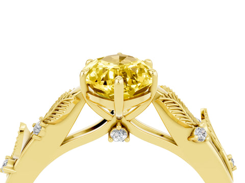 Yellow gold Marquise Cut Yellow Sapphire Solitaire Ring with Leaf Motif Band and Four-Prong Setting_4