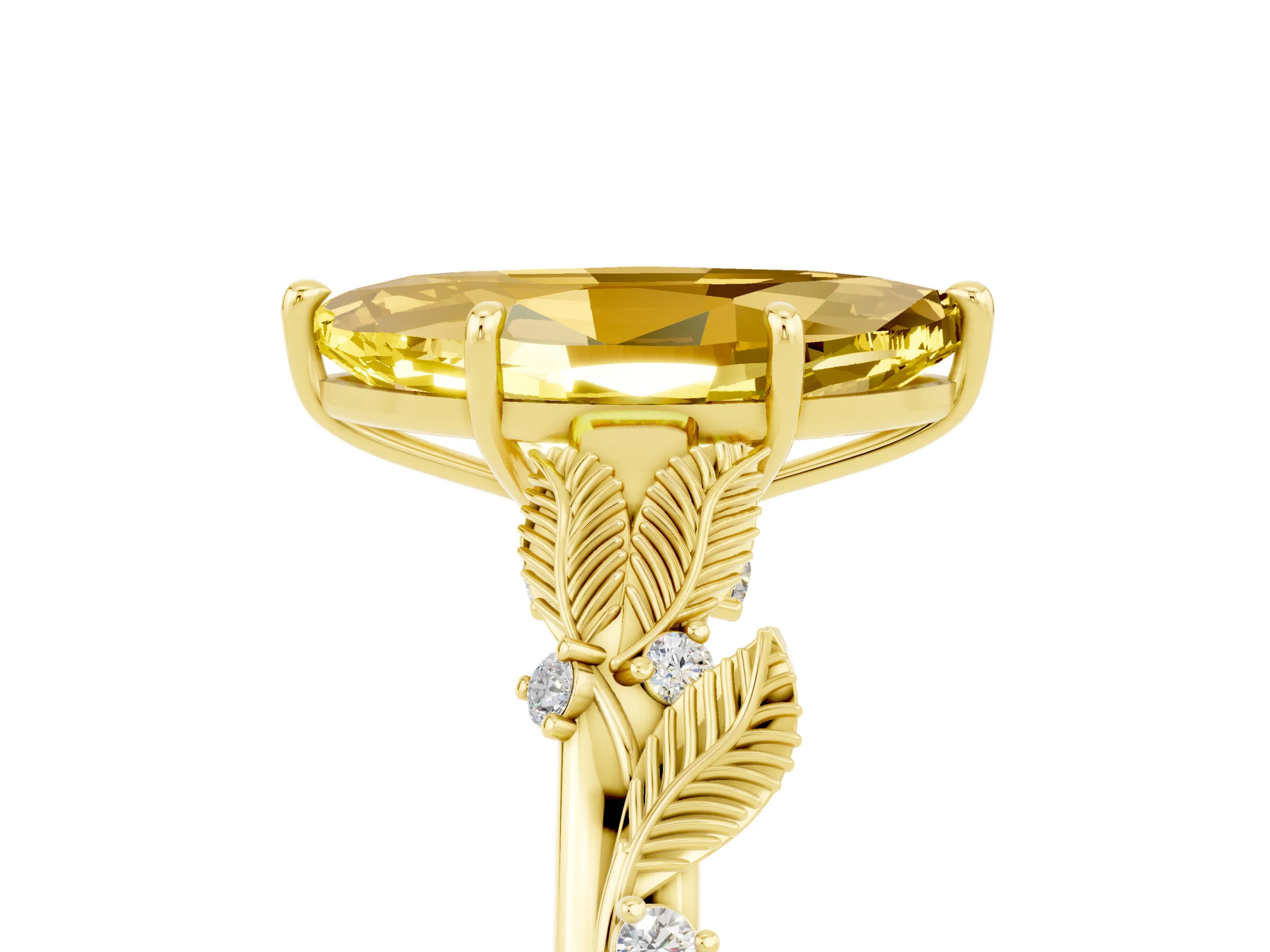Yellow gold Marquise Cut Yellow Sapphire Solitaire Ring with Leaf Motif Band and Four-Prong Setting_5