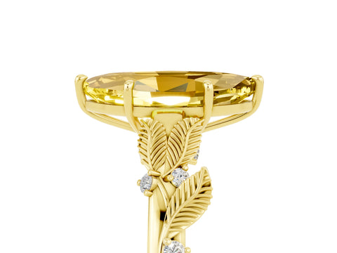 Yellow gold Marquise Cut Yellow Sapphire Solitaire Ring with Leaf Motif Band and Four-Prong Setting_5