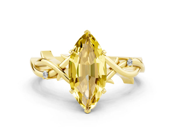 Yellow gold Marquise Cut Yellow Sapphire Solitaire Ring with Milgrain Pavé Band and Four-Prong Setting
