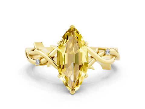 Yellow gold Marquise Cut Yellow Sapphire Solitaire Ring with Milgrain Pavé Band and Four-Prong Setting_12
