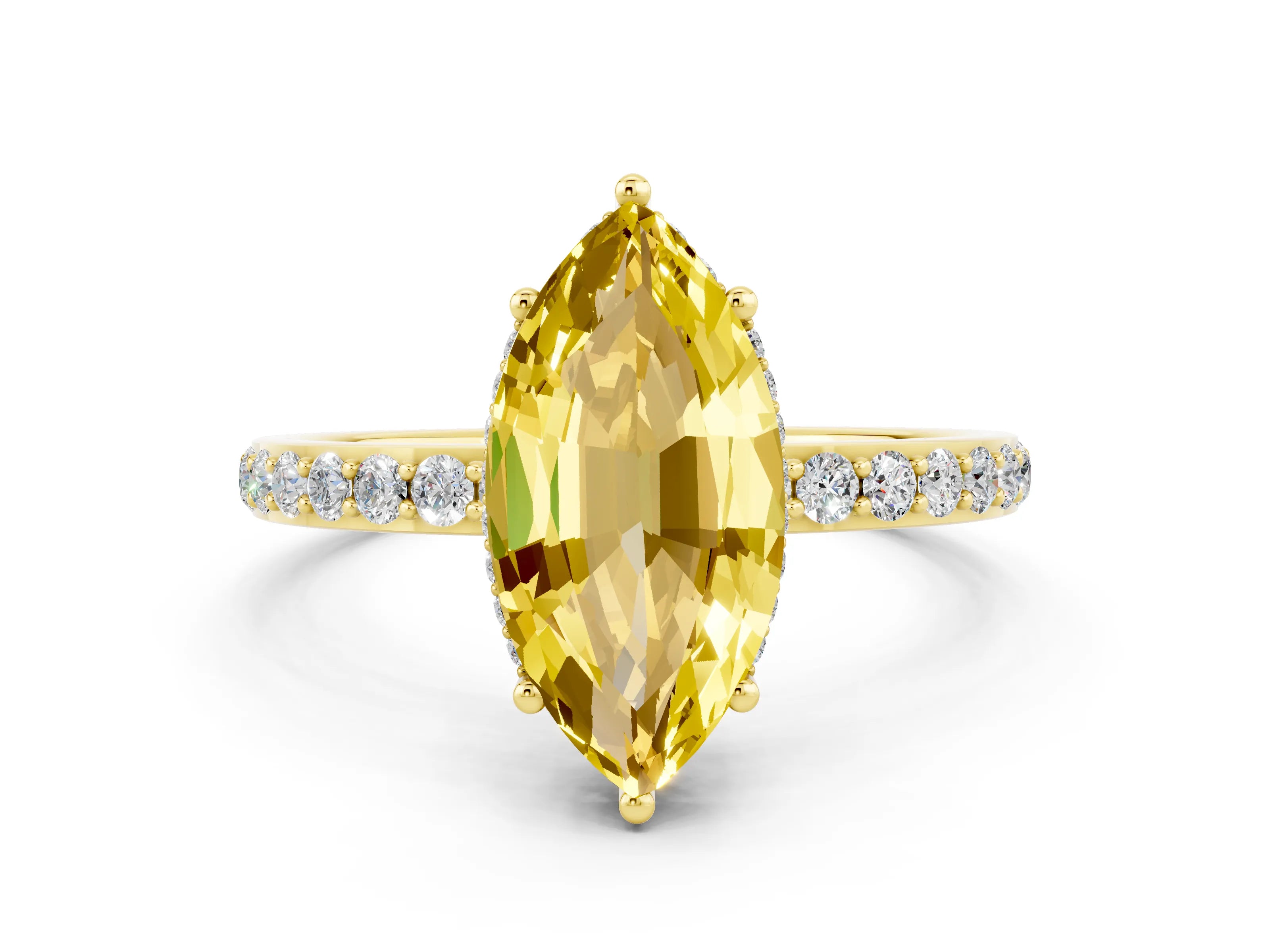 Yellow gold Marquise Cut Yellow Sapphire Solitaire Ring with Pavé Band and Hidden Halo_12