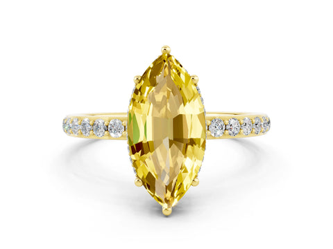 Yellow gold Marquise Cut Yellow Sapphire Solitaire Ring with Pavé Band and Hidden Halo_12