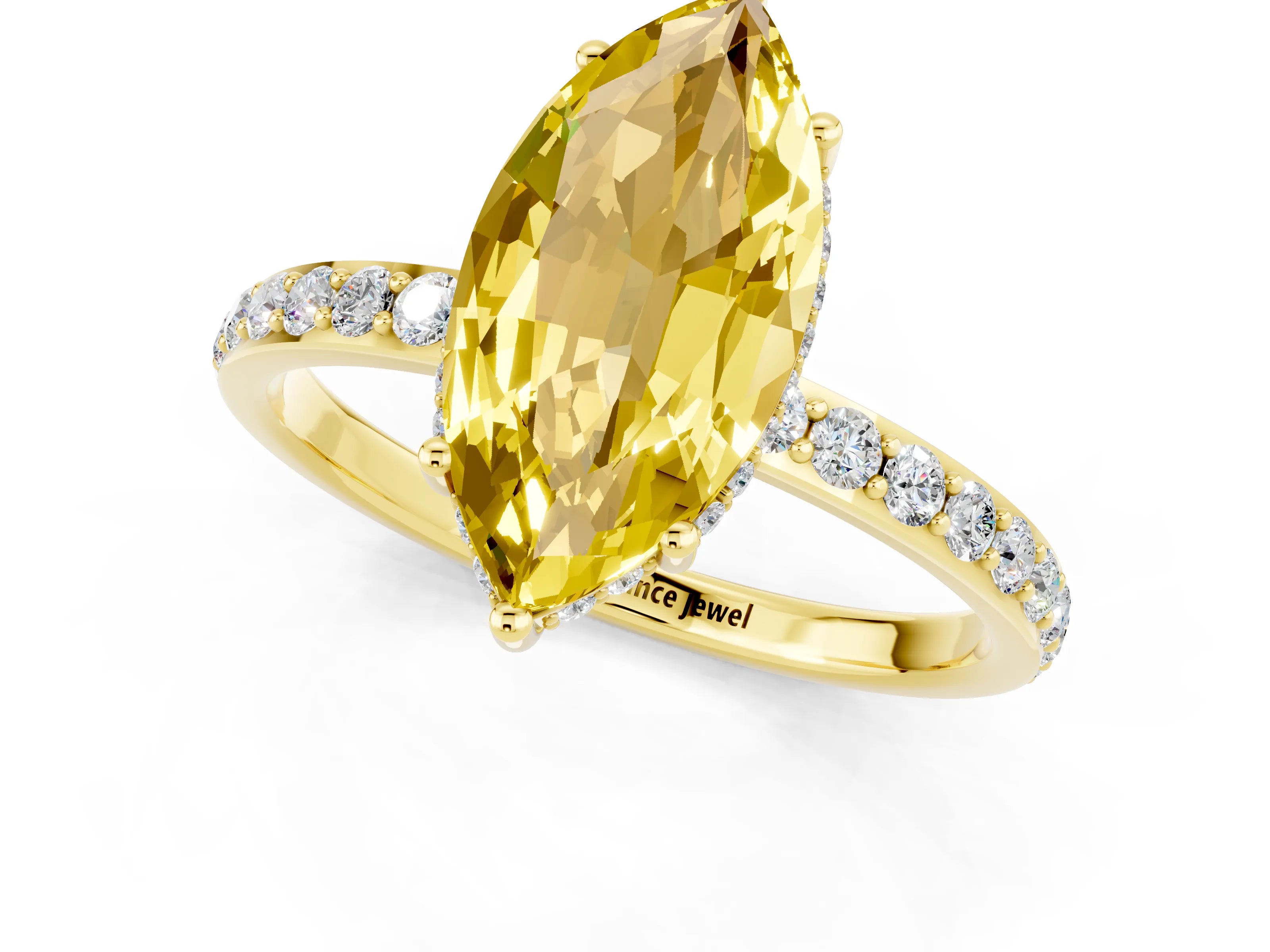 Yellow gold Marquise Cut Yellow Sapphire Solitaire Ring with Pavé Band and Hidden Halo_13