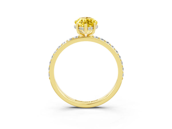 Yellow gold Marquise Cut Yellow Sapphire Solitaire Ring with Pavé Band and Hidden Halo