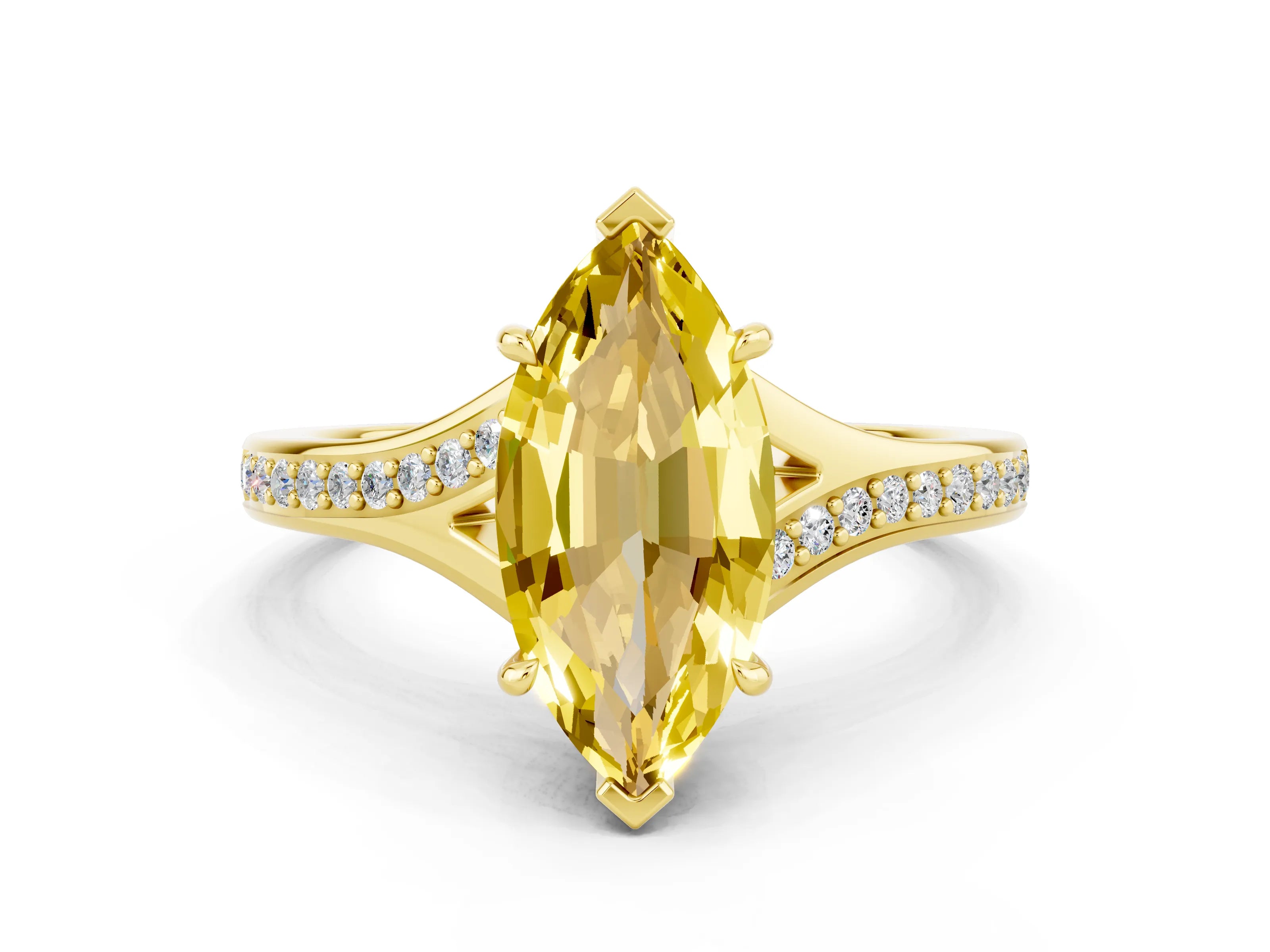 Yellow gold Marquise Cut Yellow Sapphire Solitaire Ring with Pavé Band and Prong Setting