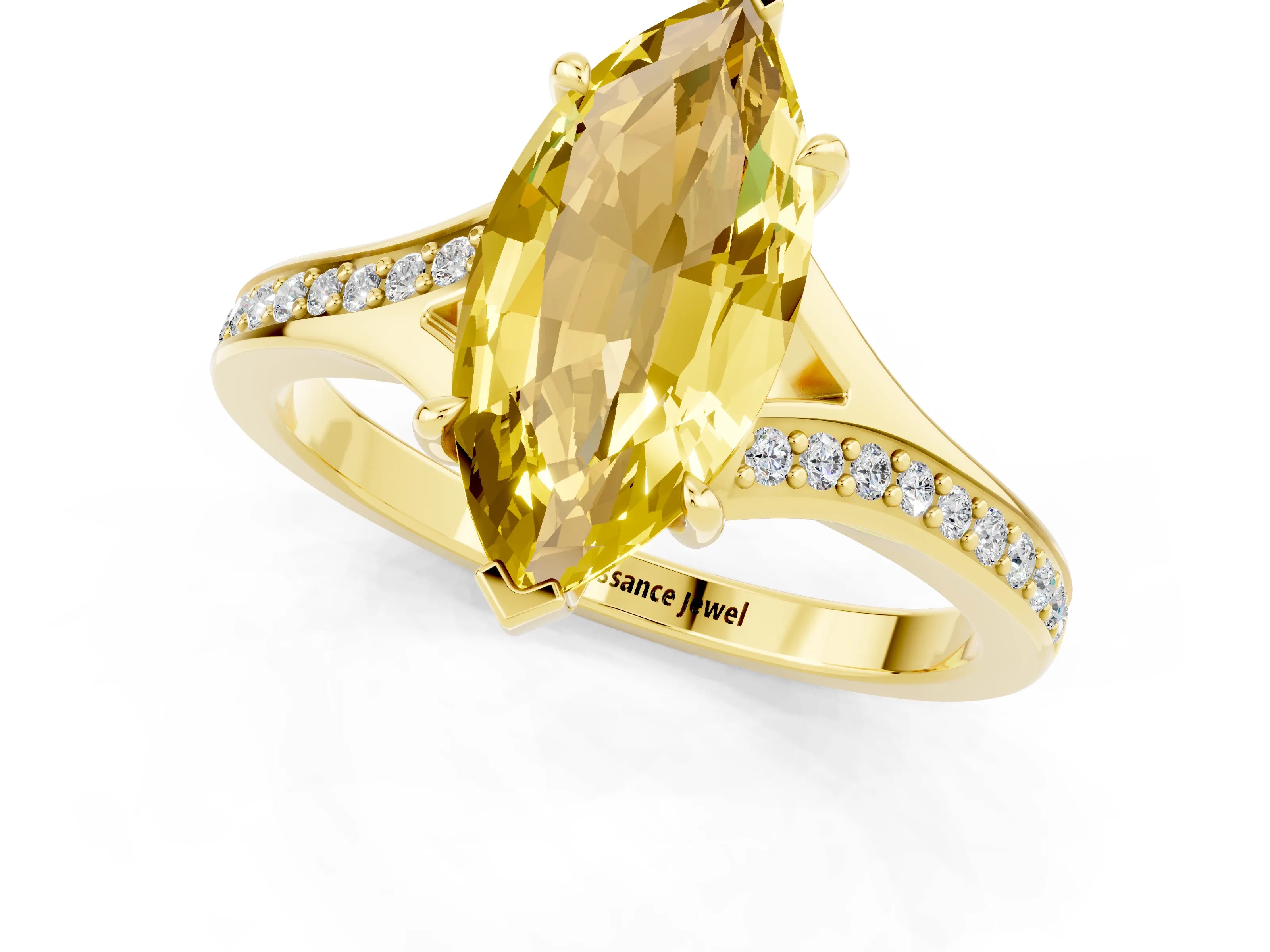 Yellow gold Marquise Cut Yellow Sapphire Solitaire Ring with Pavé Band and Prong Setting_13
