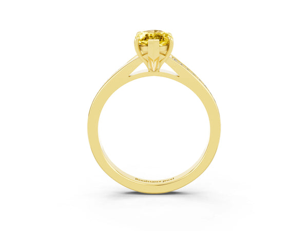 Yellow gold Marquise Cut Yellow Sapphire Solitaire Ring with Pavé Band and Prong Setting