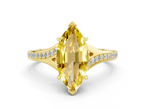 Yellow gold Marquise Cut Yellow Sapphire Solitaire Ring with Pavé Band and Prong Setting