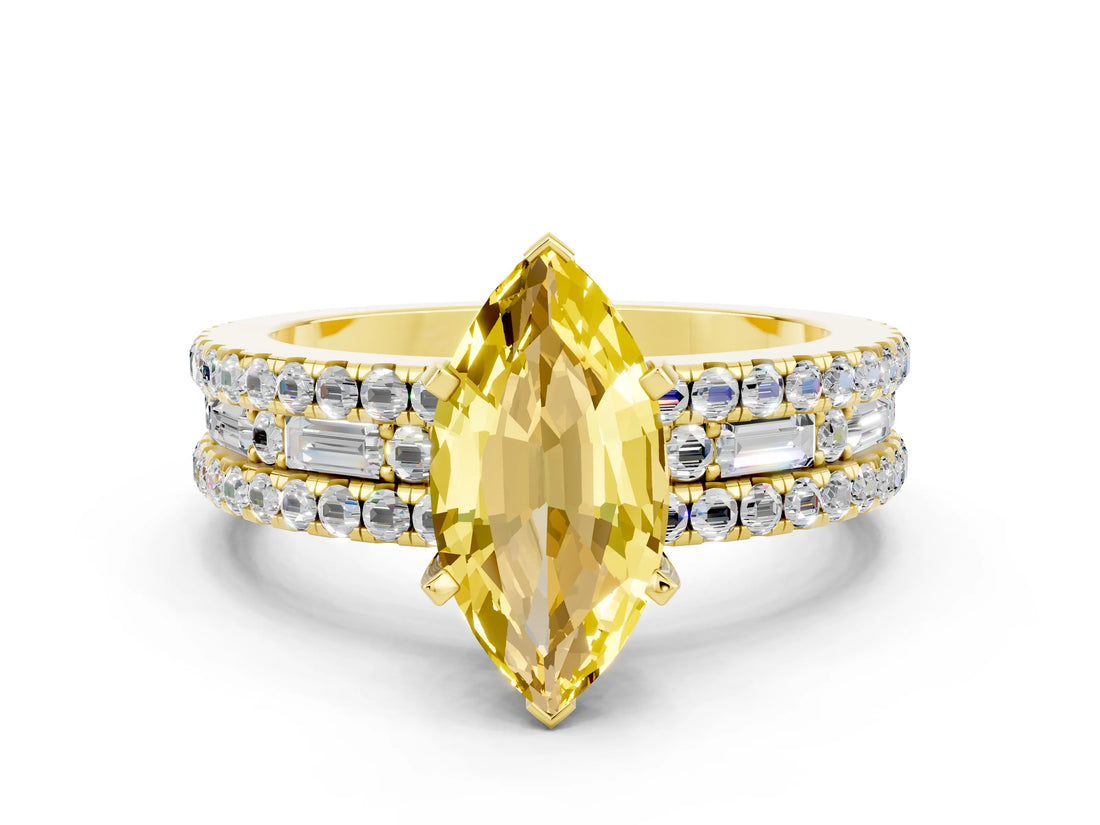 Yellow gold Marquise Cut Yellow Sapphire Solitaire Ring with Pavé and Channel Set Band_24