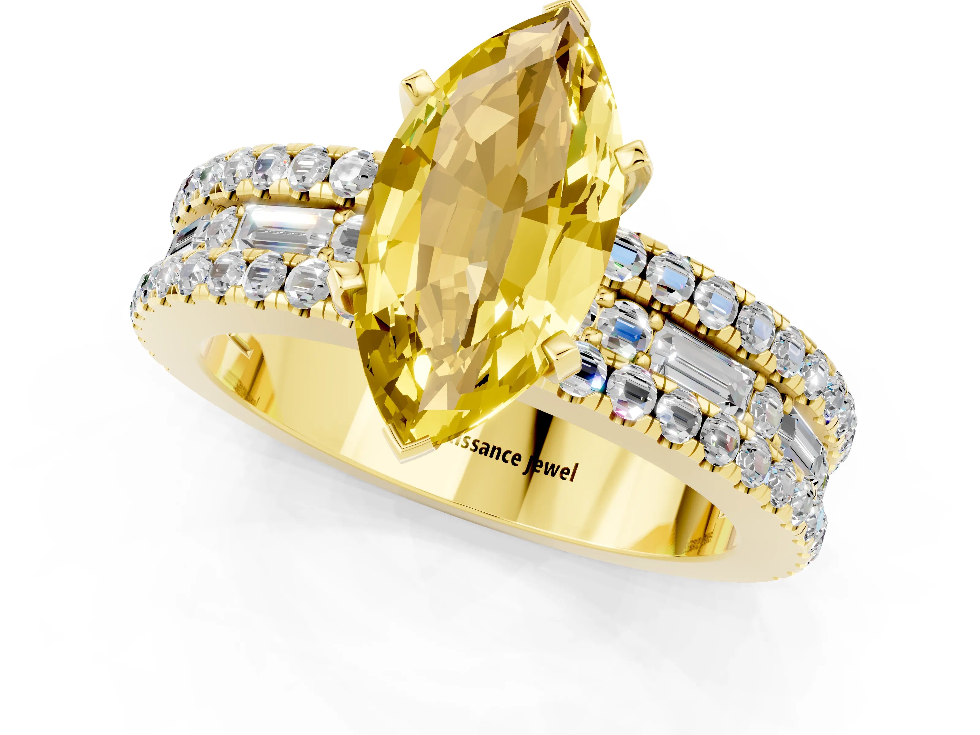 Yellow gold Marquise Cut Yellow Sapphire Solitaire Ring with Pavé and Channel Set Band_25