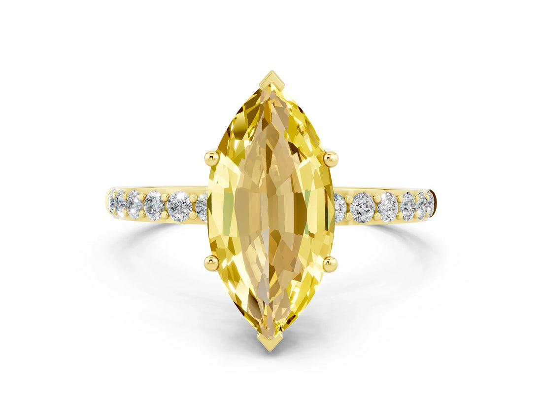 Yellow gold Marquise Cut Yellow Sapphire Solitaire Ring with Pave Band and Four Prong Setting_48