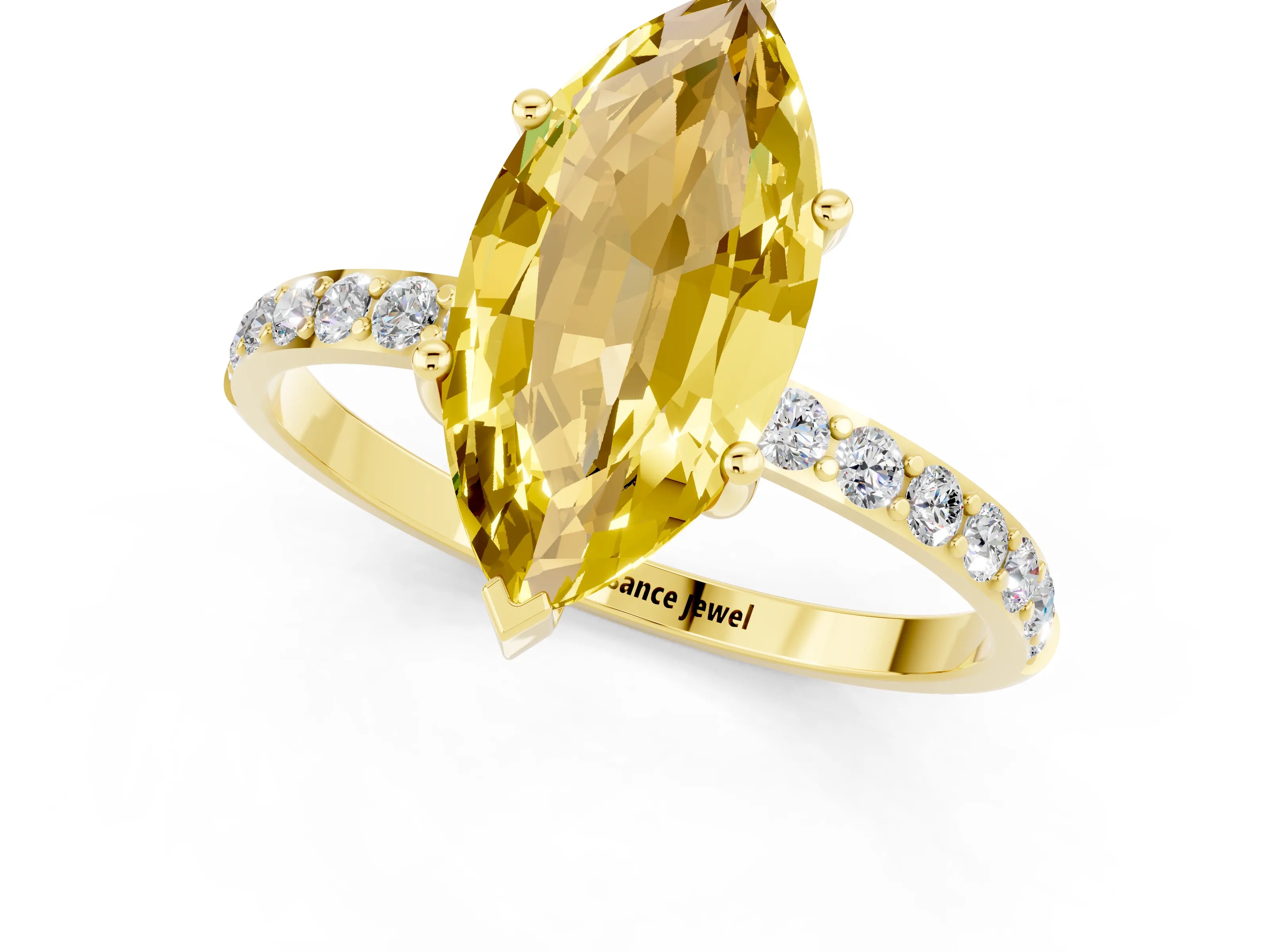 Yellow gold Marquise Cut Yellow Sapphire Solitaire Ring with Pave Band and Four Prong Setting_49