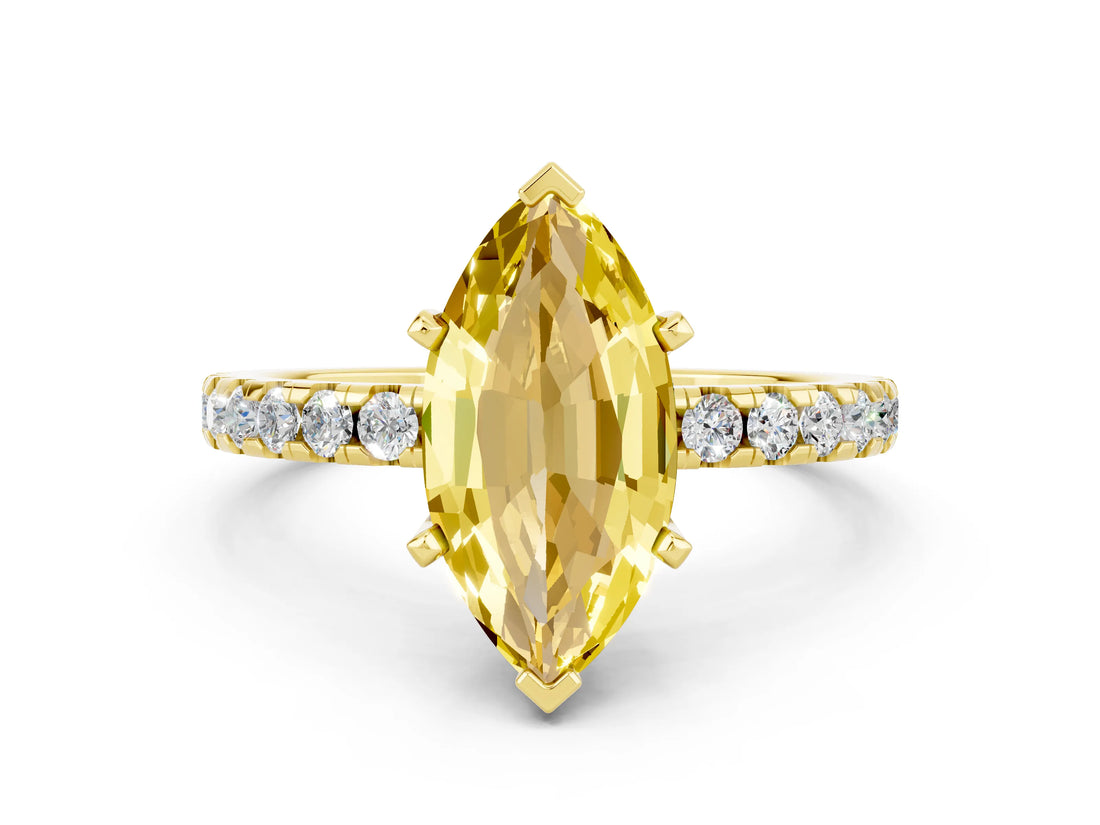 Yellow gold Marquise Cut Yellow Sapphire Solitaire Ring with Round  Pavé Band and Four-Prong Setting_36
