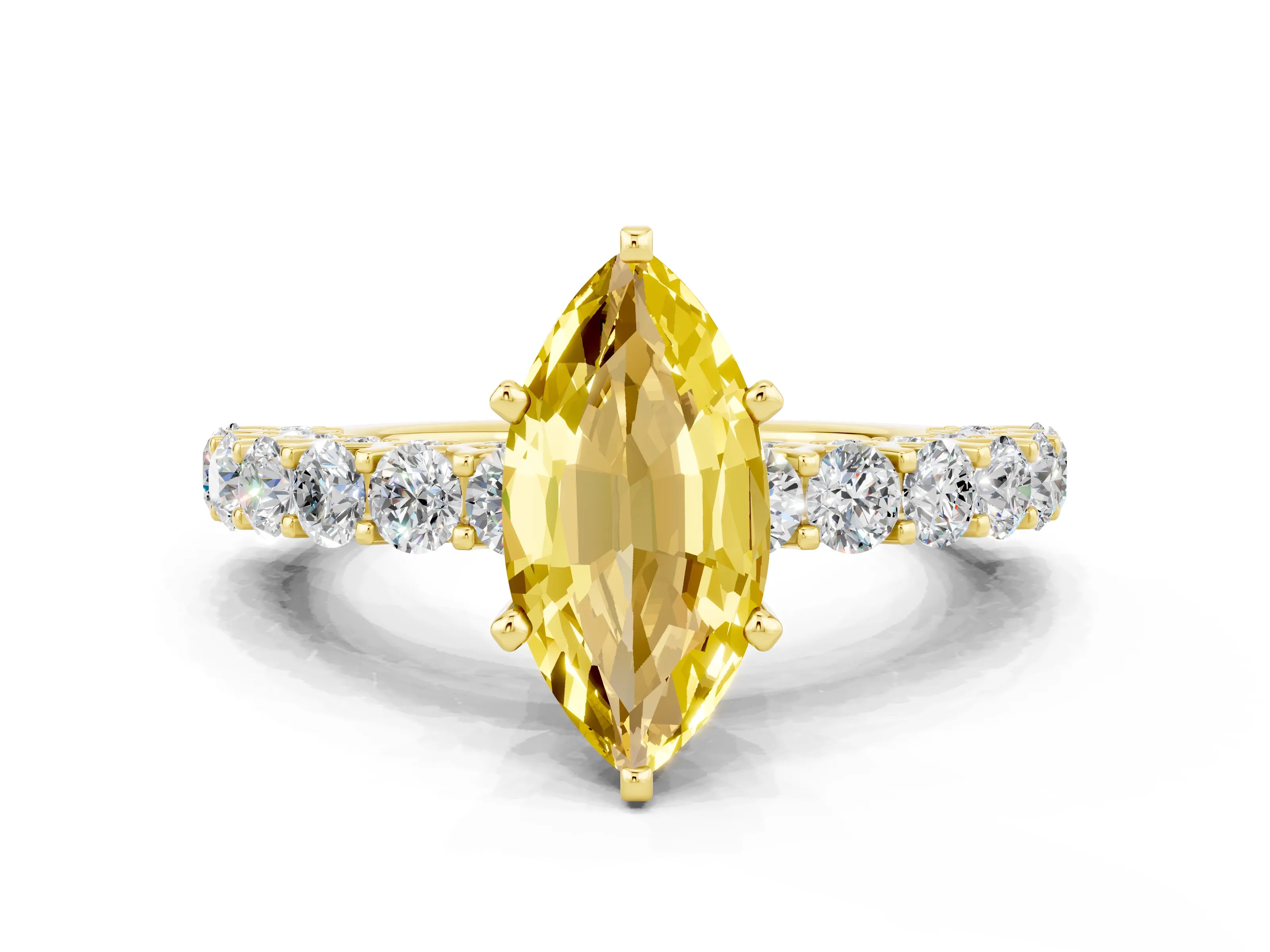 Yellow gold Marquise Cut Yellow Sapphire Solitaire Ring with Shared Prong Pavé Band and Four-Prong Setting