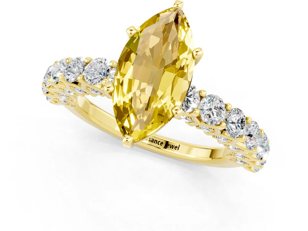 Yellow gold Marquise Cut Yellow Sapphire Solitaire Ring with Shared Prong Pavé Band and Four-Prong Setting