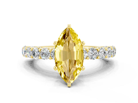 Yellow gold Marquise Cut Yellow Sapphire Solitaire Ring with Shared Prong Pavé Band and Four-Prong Setting