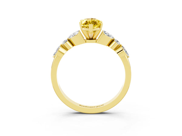 Yellow gold Marquise Cut Yellow Sapphire Solitaire Ring with Side Stones and Four-Prong Setting