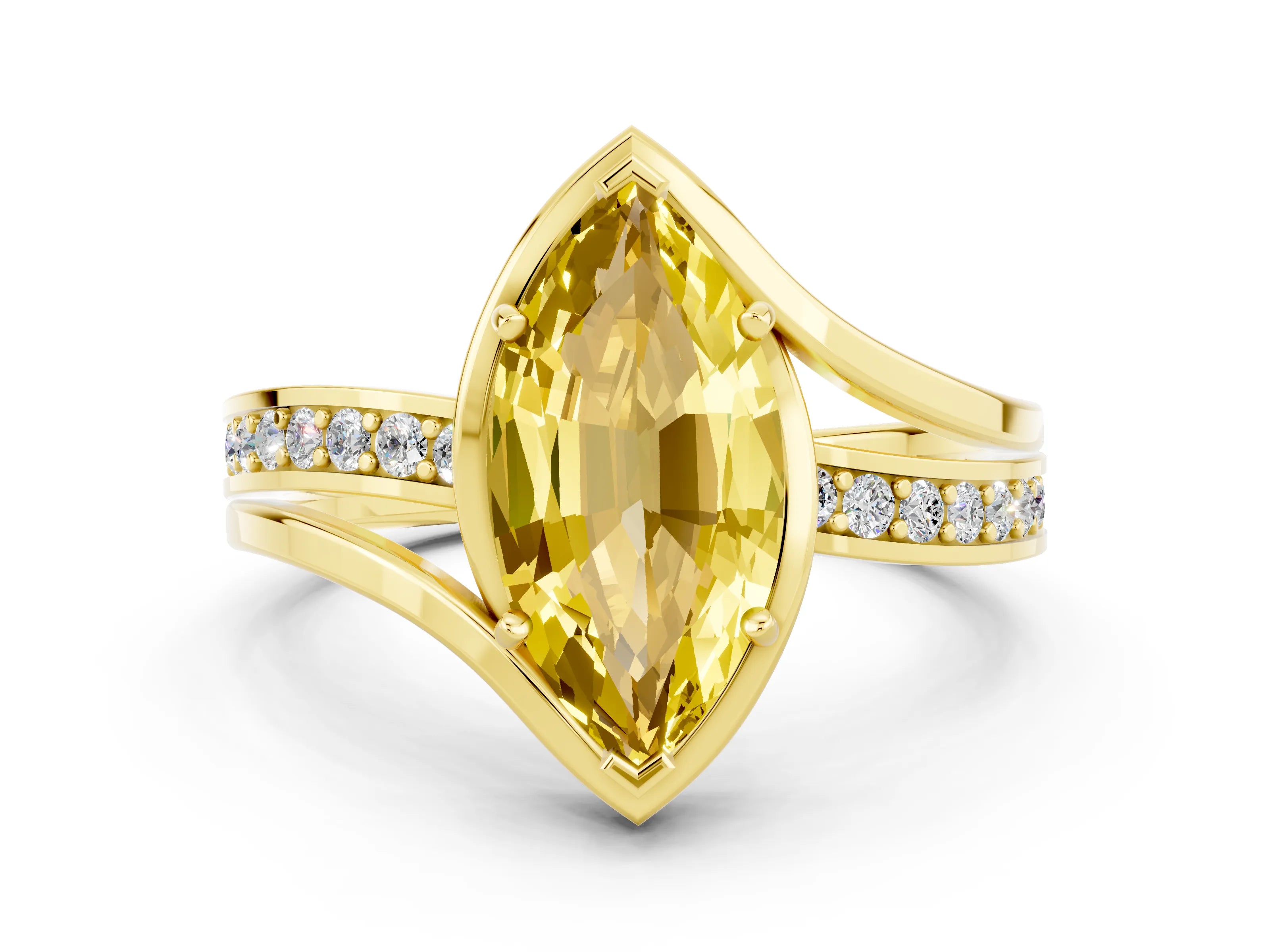 Yellow gold Marquise Cut Yellow Sapphire Solitaire Ring with Split Shank and Prong Setting