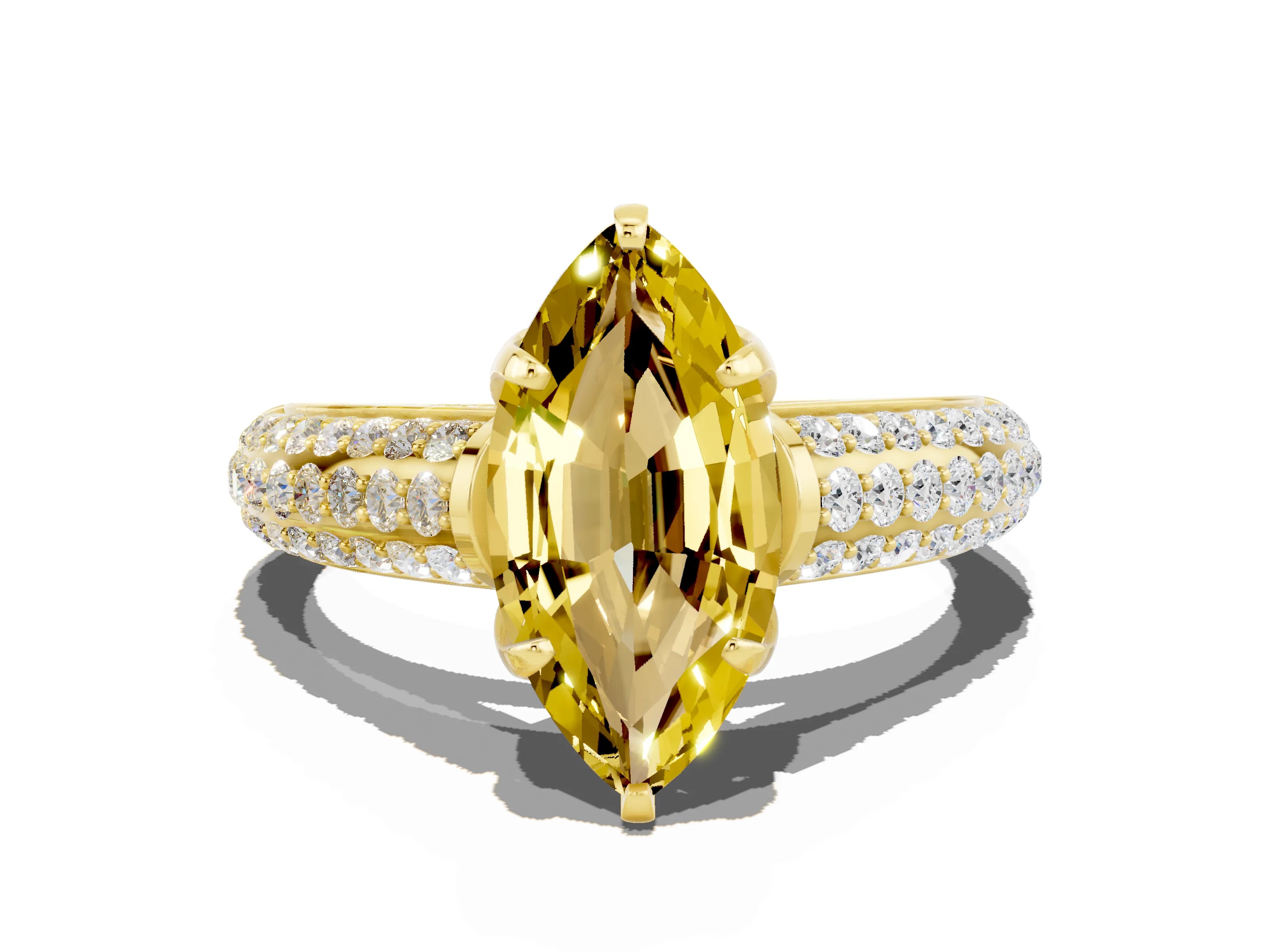 Yellow gold Marquise Cut Yellow Sapphire Solitaire Ring with Three-Row Pavé Band and Four-Prong Setting_12