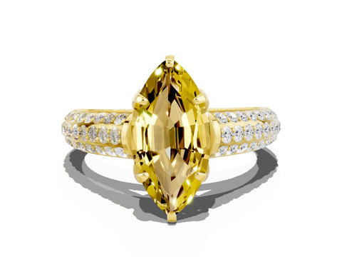 Yellow gold Marquise Cut Yellow Sapphire Solitaire Ring with Three-Row Pavé Band and Four-Prong Setting_12