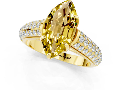 Yellow gold Marquise Cut Yellow Sapphire Solitaire Ring with Three-Row Pavé Band and Four-Prong Setting_13
