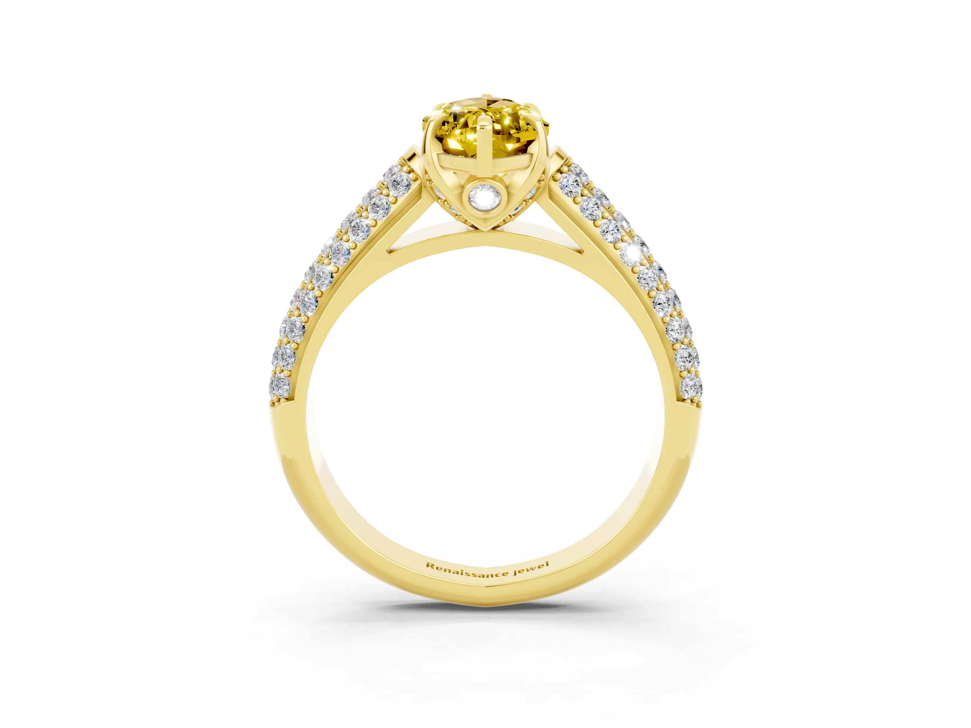 Yellow gold Marquise Cut Yellow Sapphire Solitaire Ring with Three-Row Pavé Band and Four-Prong Setting_15