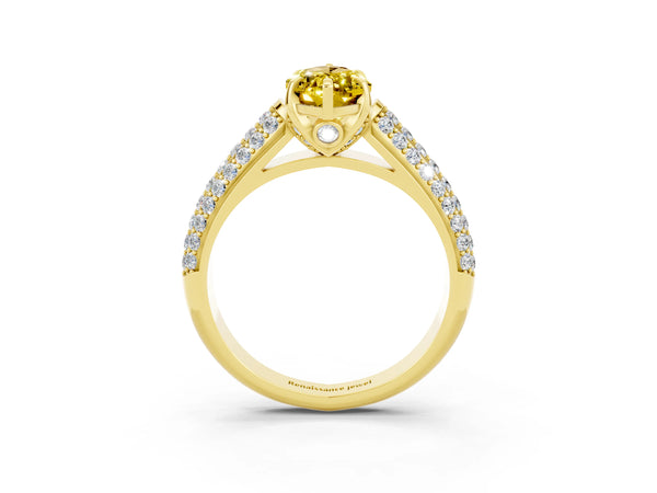 Yellow gold Marquise Cut Yellow Sapphire Solitaire Ring with Three-Row Pavé Band and Four-Prong Setting