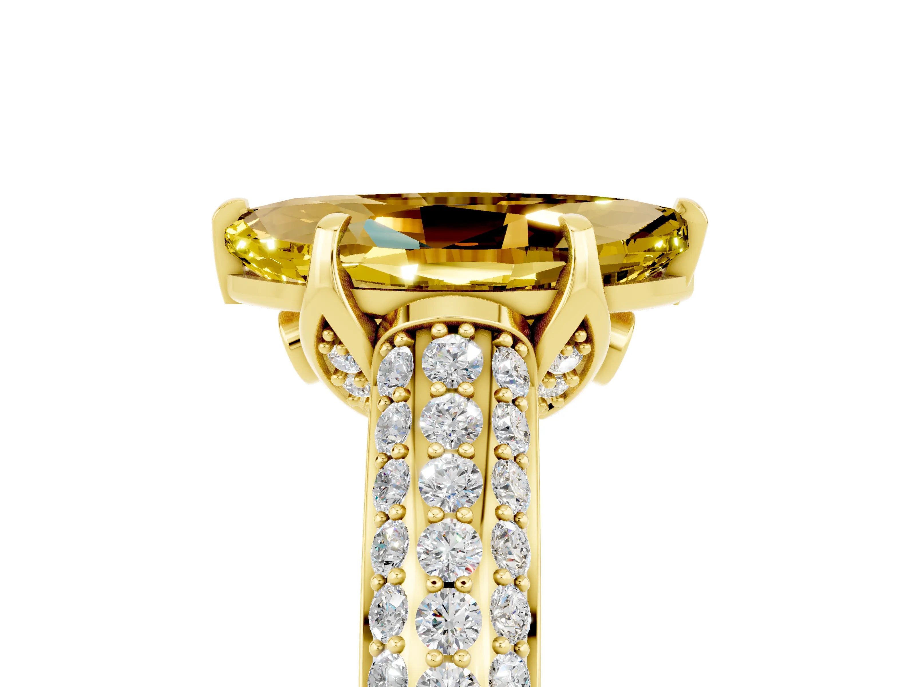 Yellow gold Marquise Cut Yellow Sapphire Solitaire Ring with Three-Row Pavé Band and Four-Prong Setting_17