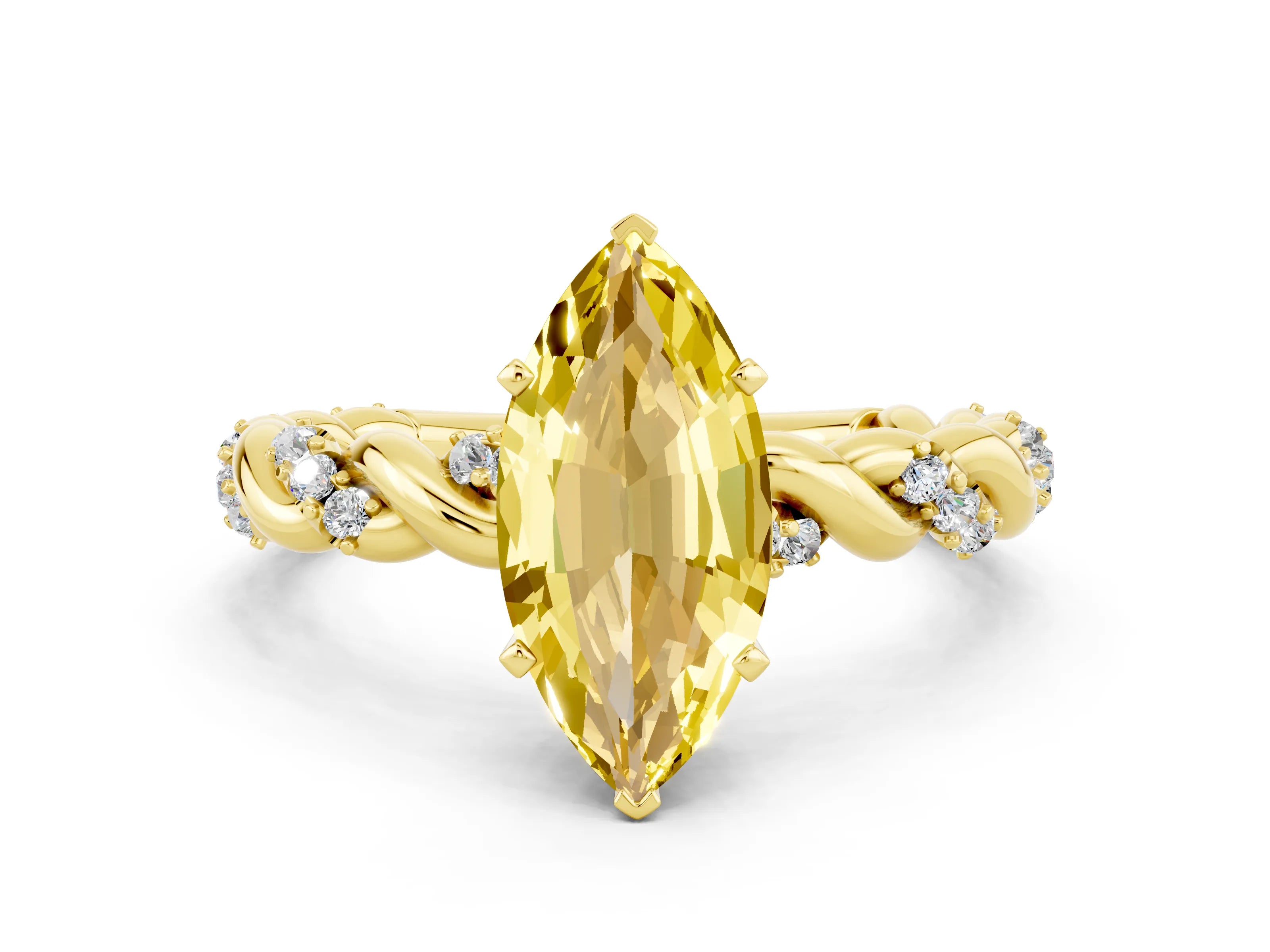 Yellow gold Marquise Cut Yellow Sapphire Solitaire Ring with Twisted Band and Pavé Accents