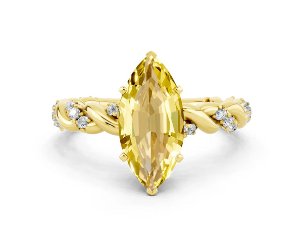 Yellow gold Marquise Cut Yellow Sapphire Solitaire Ring with Twisted Band and Pavé Accents