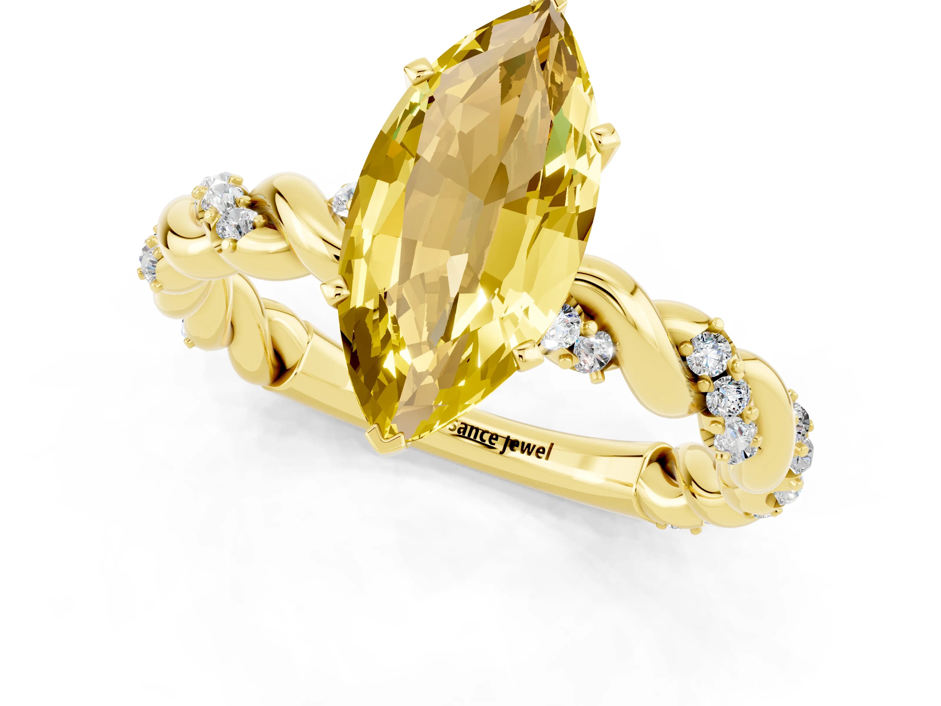 Yellow gold Marquise Cut Yellow Sapphire Solitaire Ring with Twisted Band and Pavé Accents_1