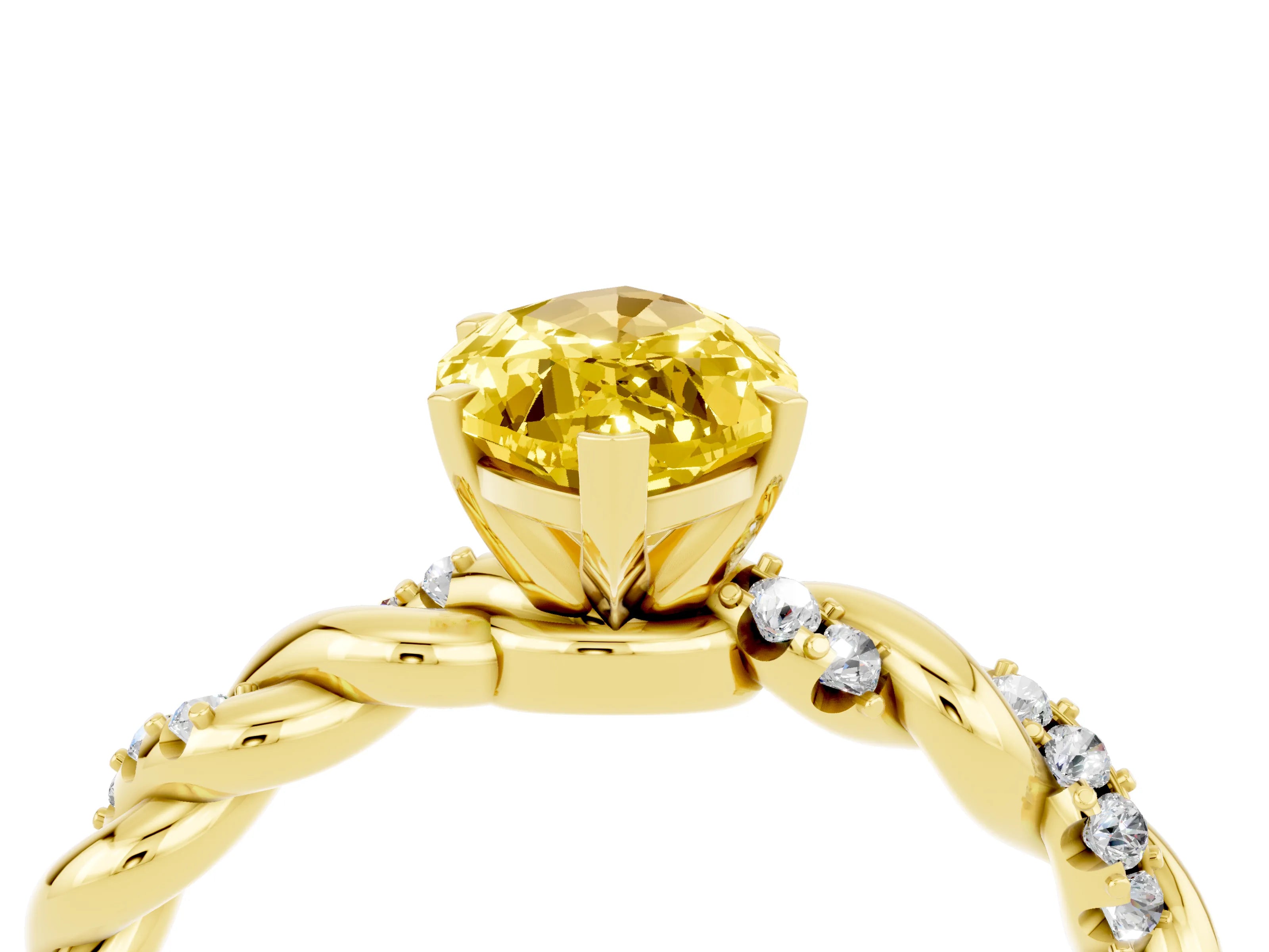Yellow gold Marquise Cut Yellow Sapphire Solitaire Ring with Twisted Band and Pavé Accents_4