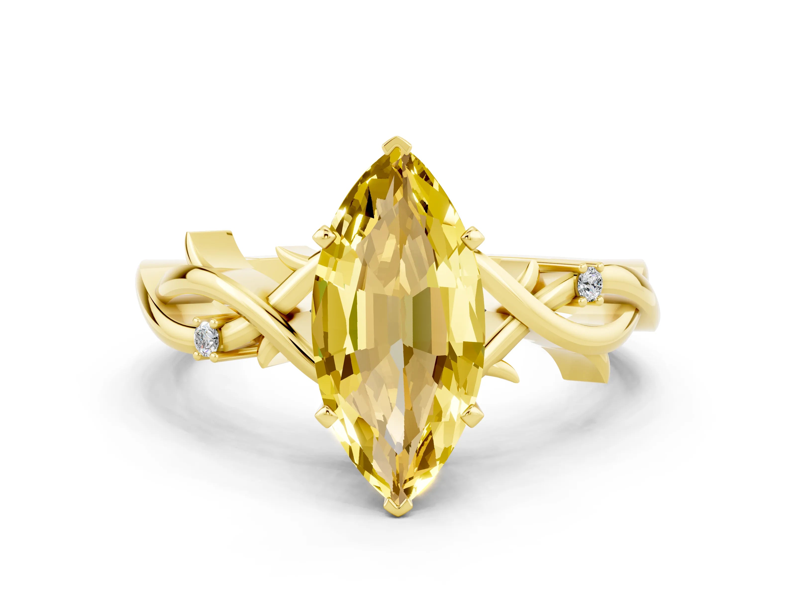 Yellow gold Marquise Cut Yellow Sapphire Solitaire Ring with Twisted Band and Prong Setting