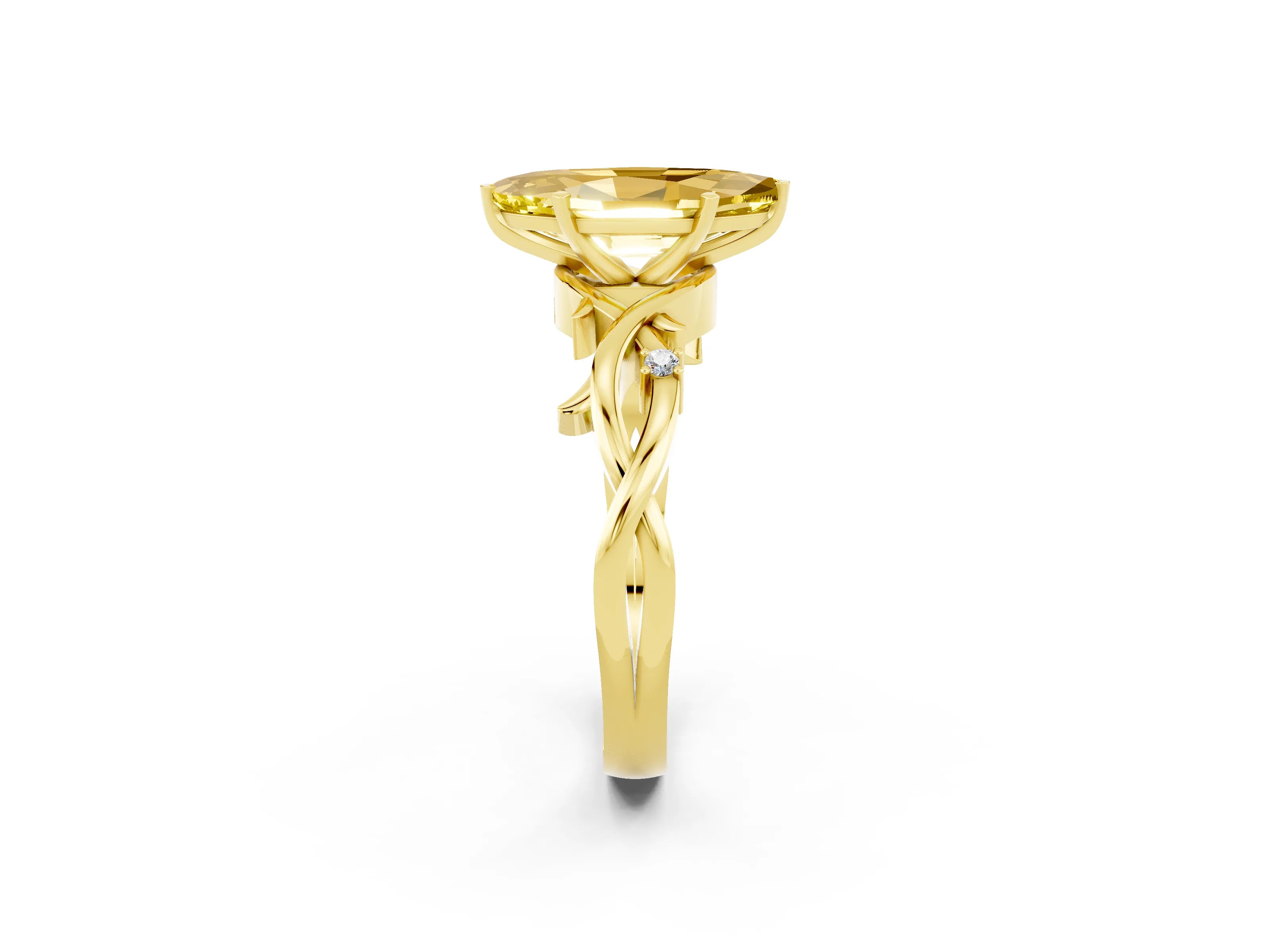 Yellow gold Marquise Cut Yellow Sapphire Solitaire Ring with Twisted Band and Prong Setting_2