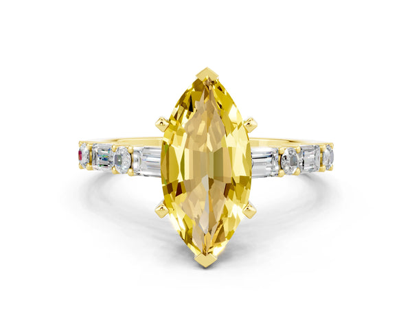 Yellow gold Marquise Cut Yellow Sapphire Solitaire with Side Baguettes and Channel Set Band