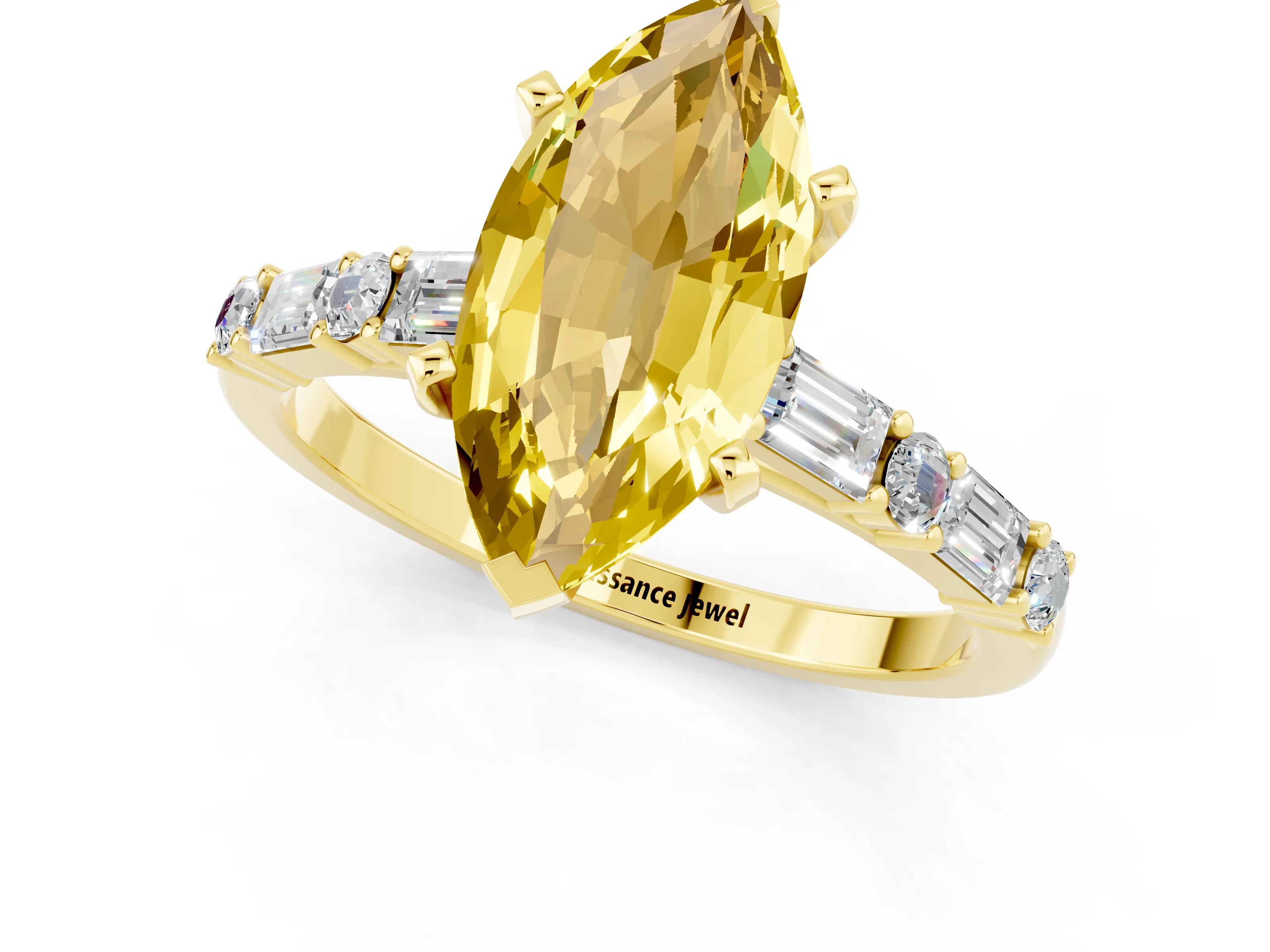 Yellow gold Marquise Cut Yellow Sapphire Solitaire with Side Baguettes and Channel Set Band_25
